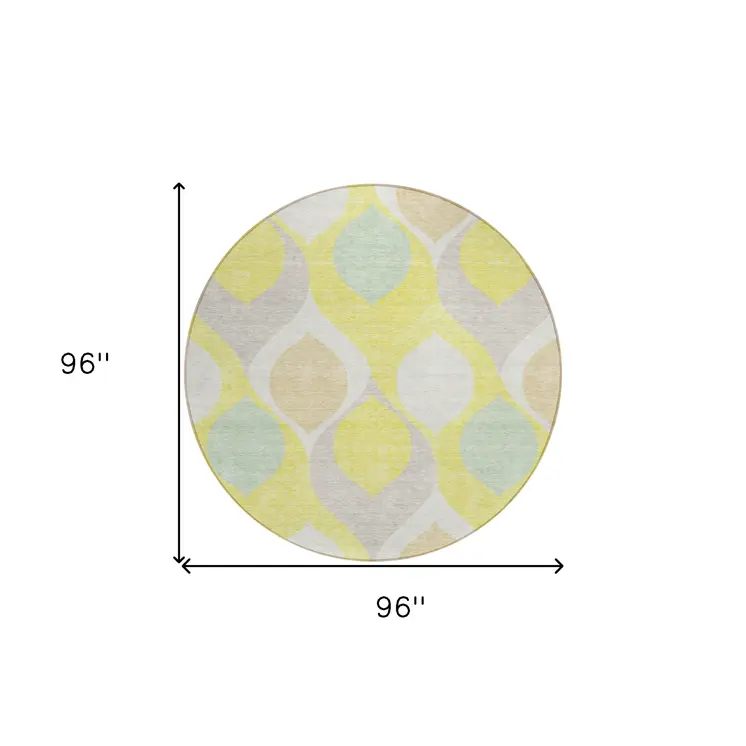 8' Yellow Mint Green And Beige Round Ogee Washable Indoor Outdoor Area Rug
