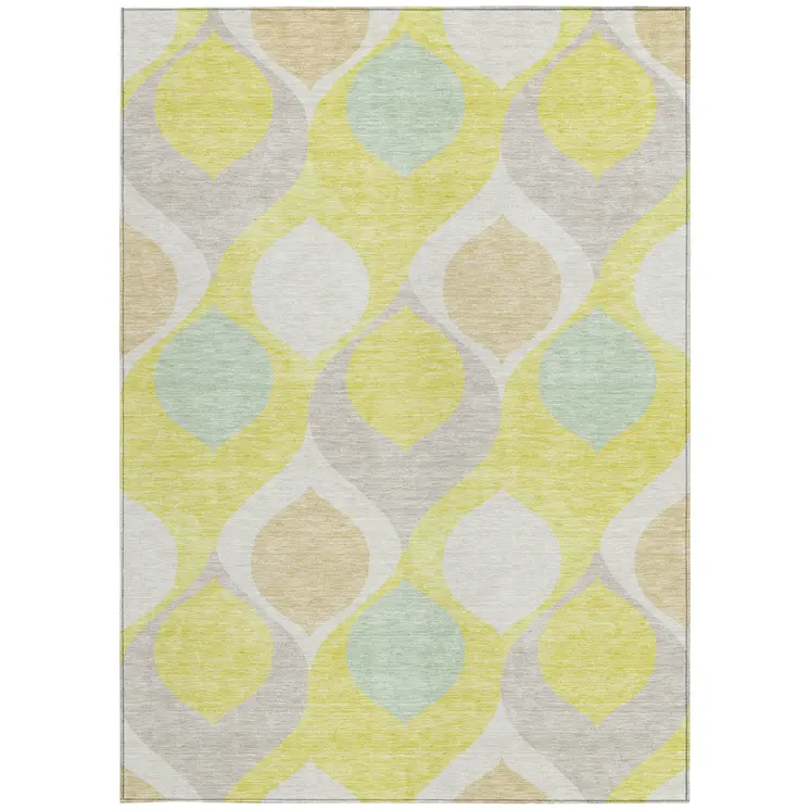 8' X 10' Yellow Mint Green And Beige Ogee Washable Indoor Outdoor Area Rug