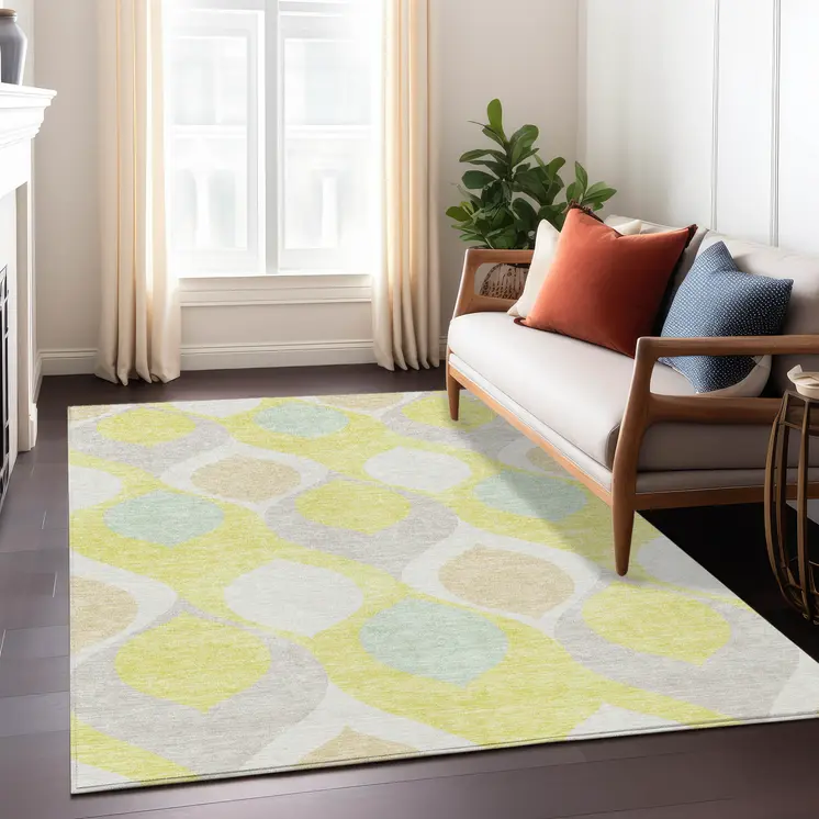 8' X 10' Yellow Mint Green And Beige Ogee Washable Indoor Outdoor Area Rug