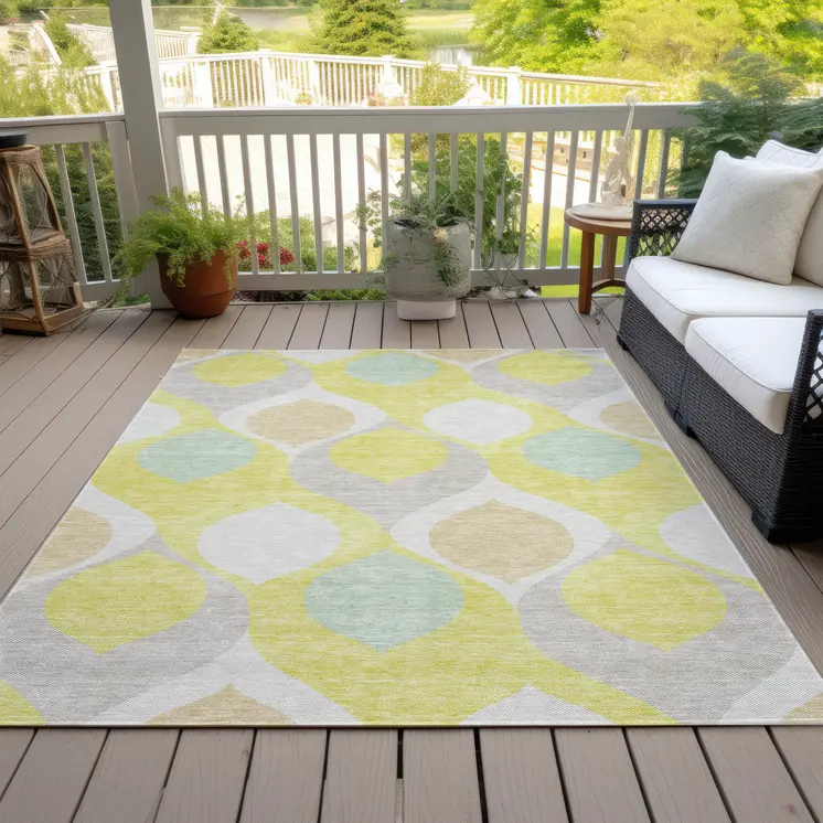 10' X 14' Yellow Mint Green And Beige Ogee Washable Indoor Outdoor Area Rug