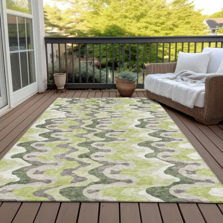 5' X 8' Artichoke Green And Ivory Abstract Washable Indoor Outdoor Area Rug