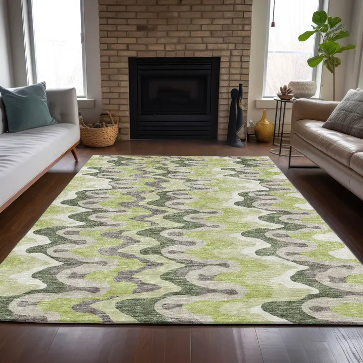 5' X 8' Artichoke Green And Ivory Abstract Washable Indoor Outdoor Area Rug