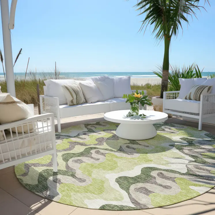 8' Artichoke Green And Ivory Round Abstract Washable Indoor Outdoor Area Rug