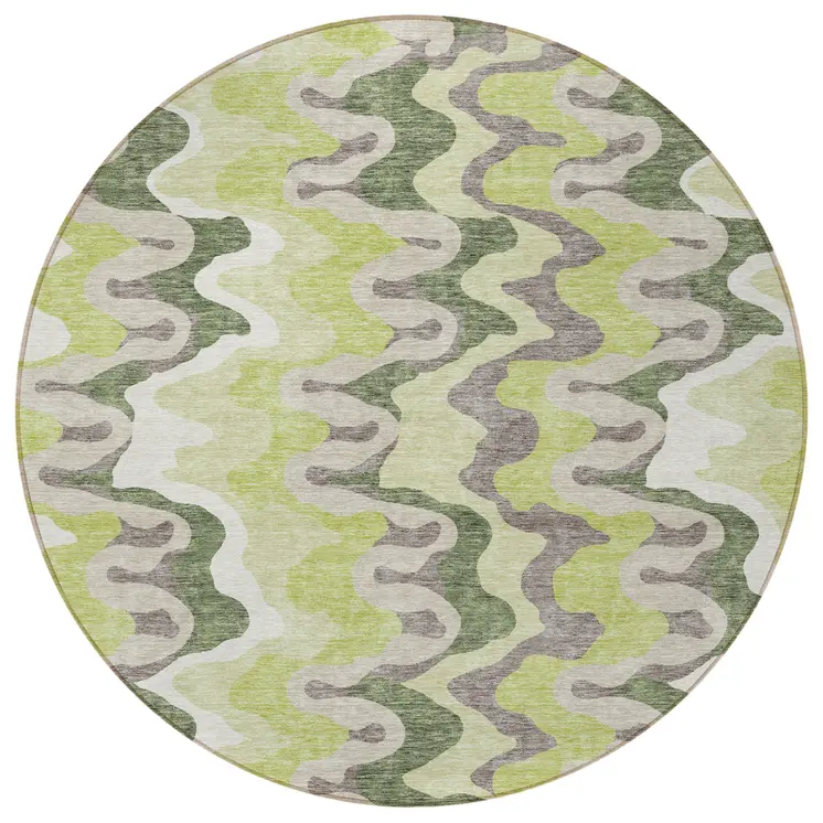 8' Artichoke Green And Ivory Round Abstract Washable Indoor Outdoor Area Rug