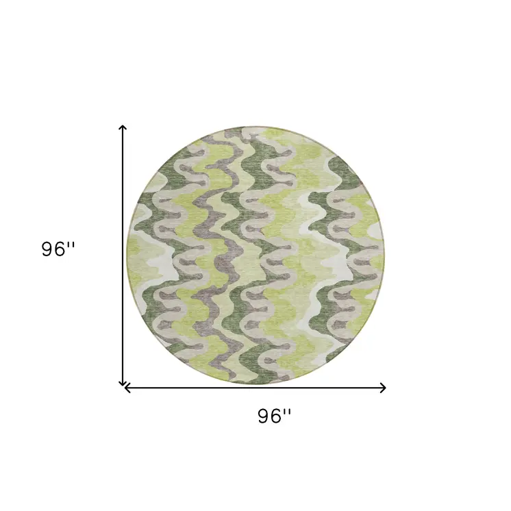 8' Artichoke Green And Ivory Round Abstract Washable Indoor Outdoor Area Rug