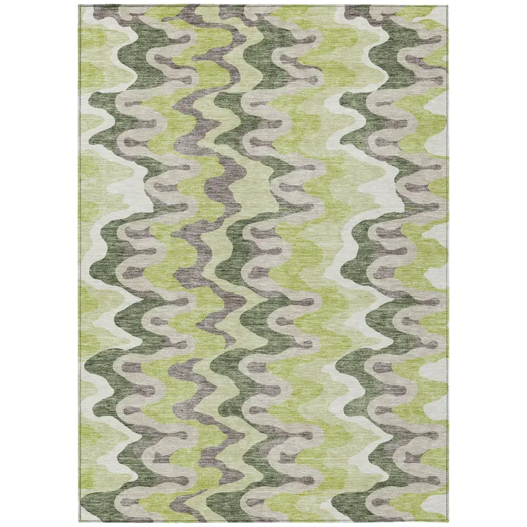 8' X 10' Artichoke Green And Ivory Abstract Washable Indoor Outdoor Area Rug