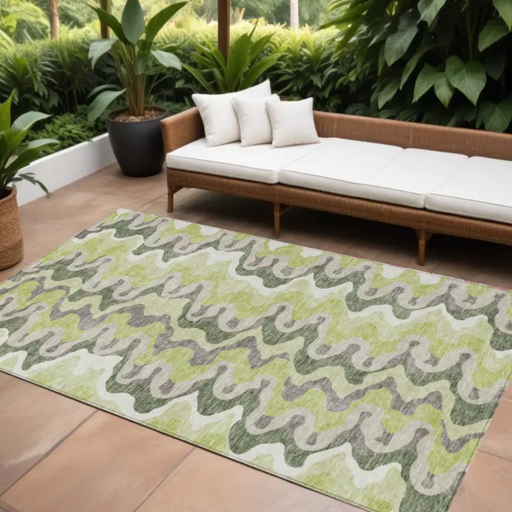 9' X 12' Artichoke Green And Ivory Abstract Washable Indoor Outdoor Area Rug