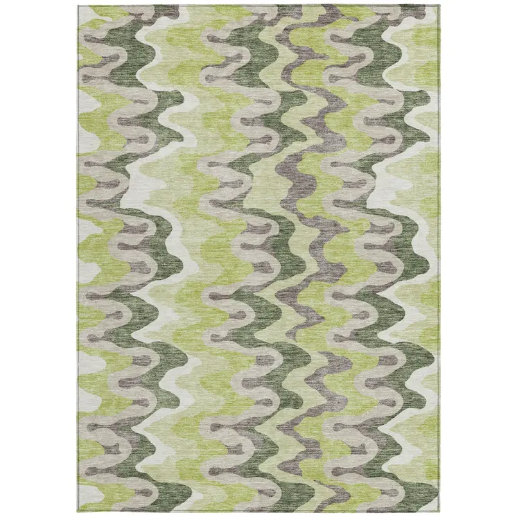 9' X 12' Artichoke Green And Ivory Abstract Washable Indoor Outdoor Area Rug
