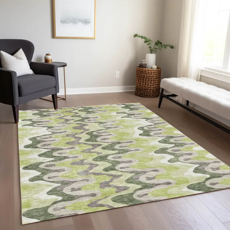 9' X 12' Artichoke Green And Ivory Abstract Washable Indoor Outdoor Area Rug