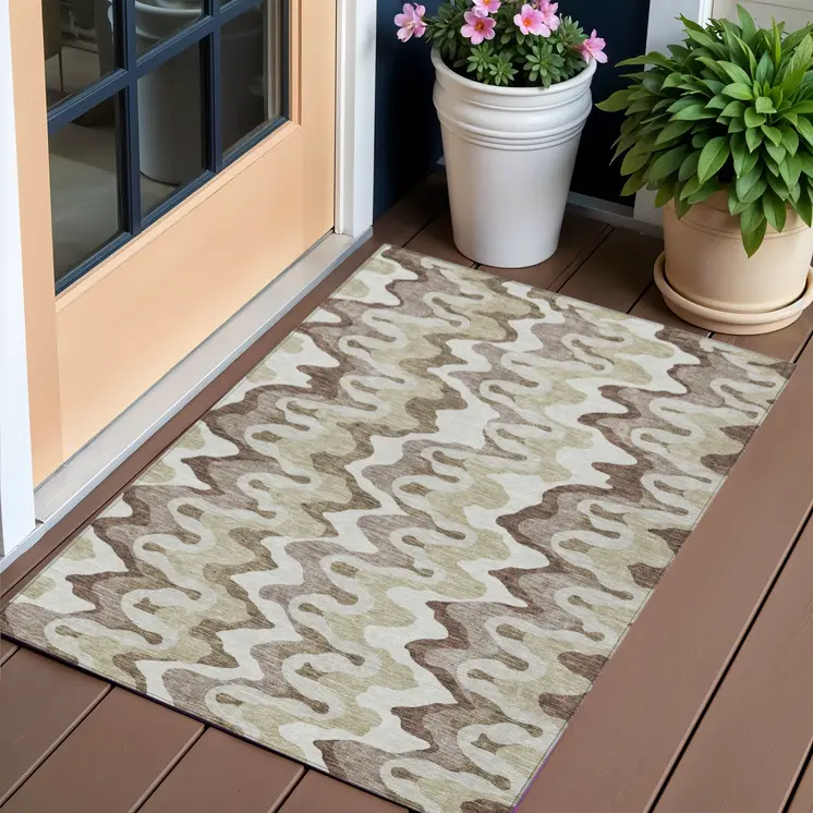 3' X 5' Beige Brown And Taupe Abstract Washable Indoor Outdoor Area Rug