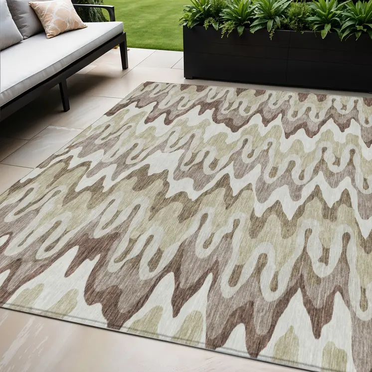 5' X 8' Beige Brown And Taupe Abstract Washable Indoor Outdoor Area Rug