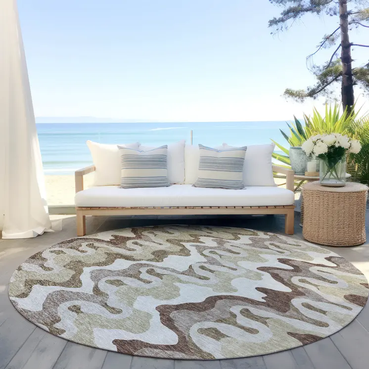 8' Beige Brown And Taupe Round Abstract Washable Indoor Outdoor Area Rug