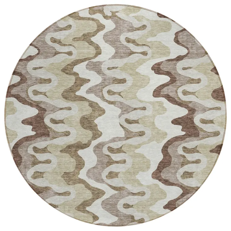 8' Beige Brown And Taupe Round Abstract Washable Indoor Outdoor Area Rug
