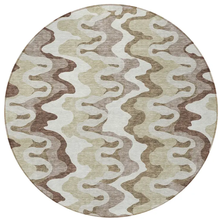 8' Beige Brown And Taupe Round Abstract Washable Indoor Outdoor Area Rug
