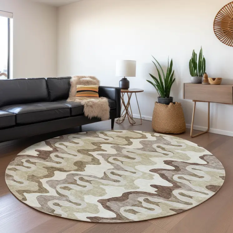 8' Beige Brown And Taupe Round Abstract Washable Indoor Outdoor Area Rug