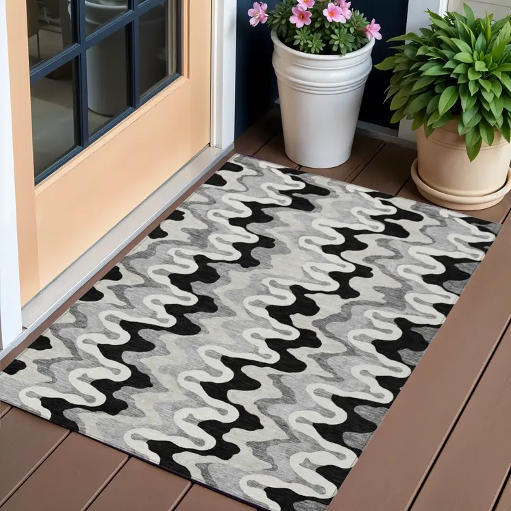 3' X 5' Black Gray And Silver Abstract Washable Indoor Outdoor Area Rug