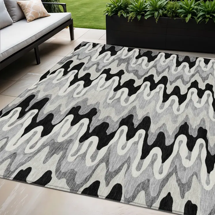 5' X 8' Black Gray And Silver Abstract Washable Indoor Outdoor Area Rug
