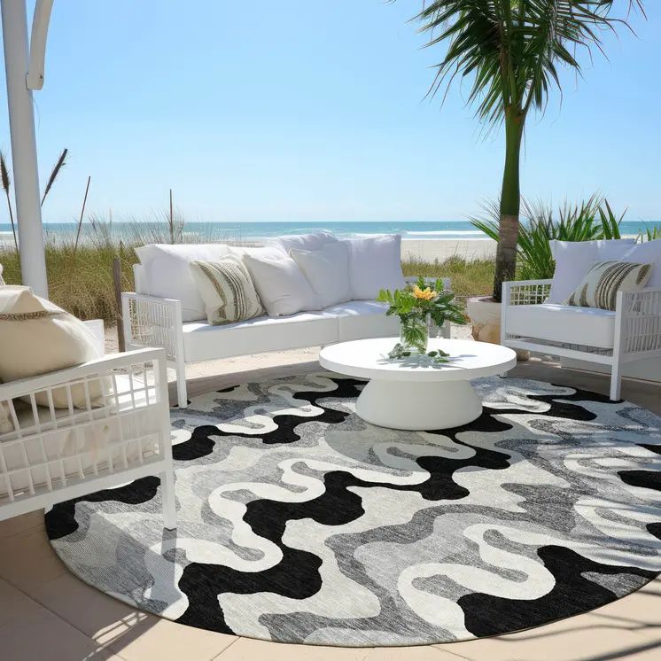 8' Black Gray And Silver Round Abstract Washable Indoor Outdoor Area Rug