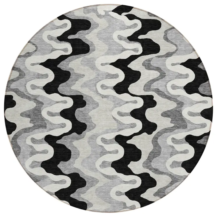 8' Black Gray And Silver Round Abstract Washable Indoor Outdoor Area Rug