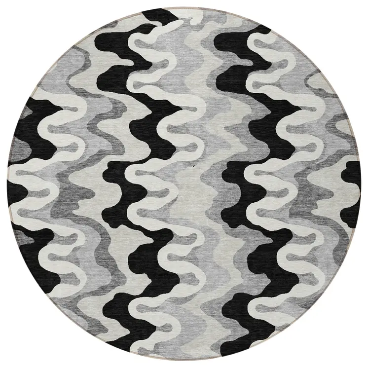 8' Black Gray And Silver Round Abstract Washable Indoor Outdoor Area Rug