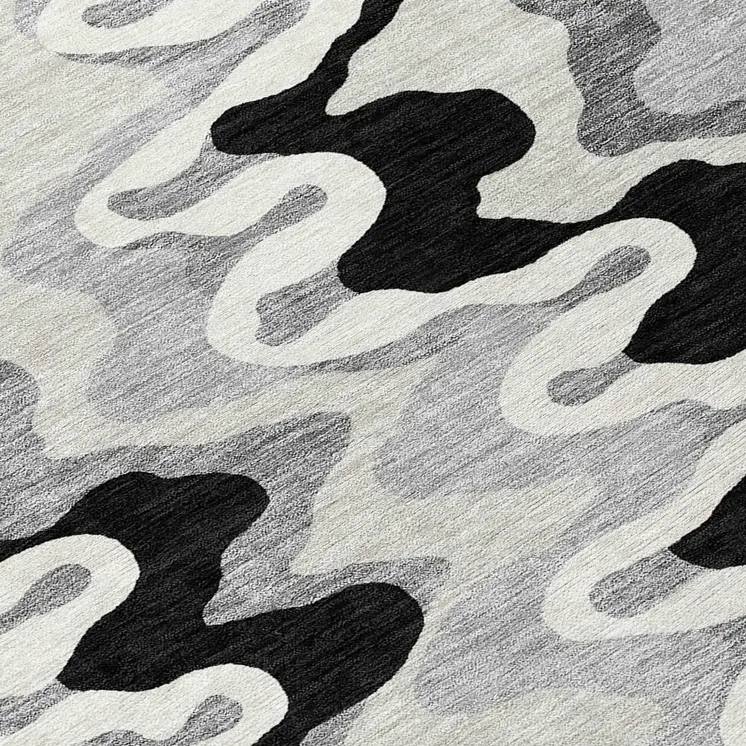 8' Black Gray And Silver Round Abstract Washable Indoor Outdoor Area Rug