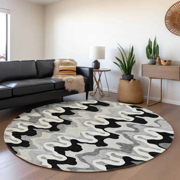 8' Black Gray And Silver Round Abstract Washable Indoor Outdoor Area Rug