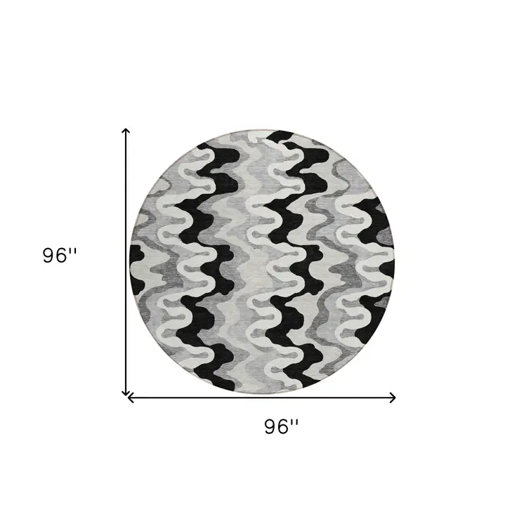 8' Black Gray And Silver Round Abstract Washable Indoor Outdoor Area Rug