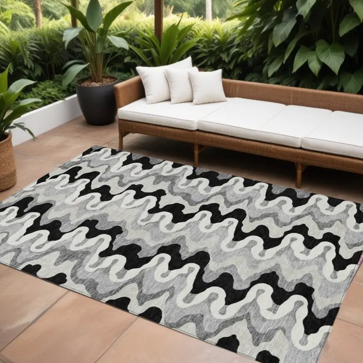 9' X 12' Black Gray And Silver Abstract Washable Indoor Outdoor Area Rug