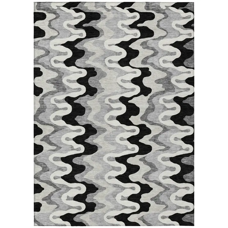 9' X 12' Black Gray And Silver Abstract Washable Indoor Outdoor Area Rug