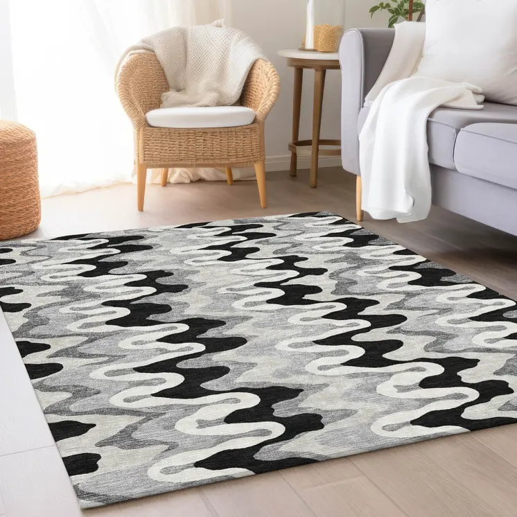 9' X 12' Black Gray And Silver Abstract Washable Indoor Outdoor Area Rug