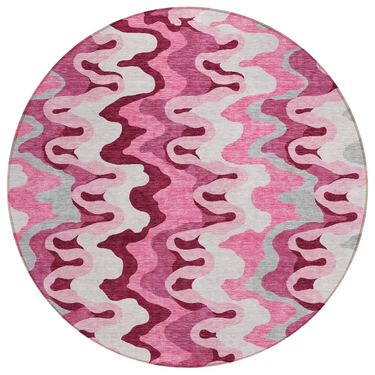 8' Blush Pink And Mauve Round Abstract Washable Indoor Outdoor Area Rug