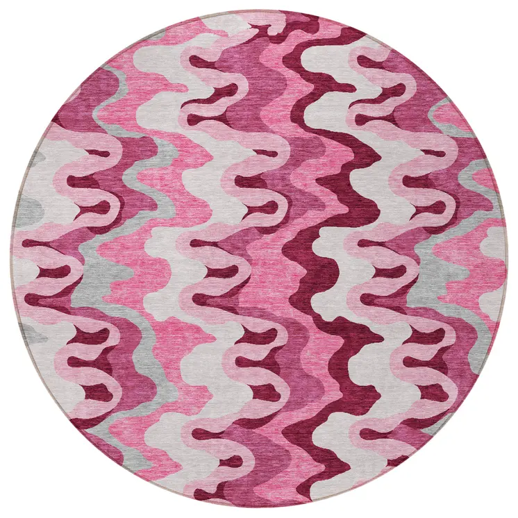 8' Blush Pink And Mauve Round Abstract Washable Indoor Outdoor Area Rug
