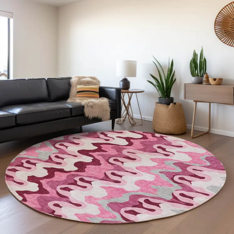 8' Blush Pink And Mauve Round Abstract Washable Indoor Outdoor Area Rug
