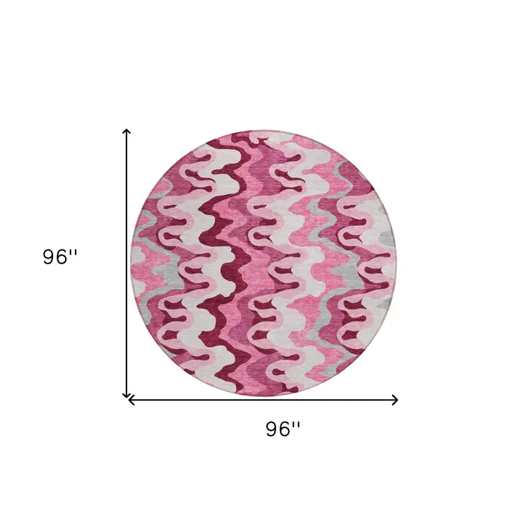 8' Blush Pink And Mauve Round Abstract Washable Indoor Outdoor Area Rug
