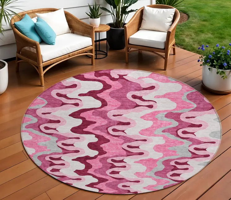 8' Blush Pink And Mauve Round Abstract Washable Indoor Outdoor Area Rug