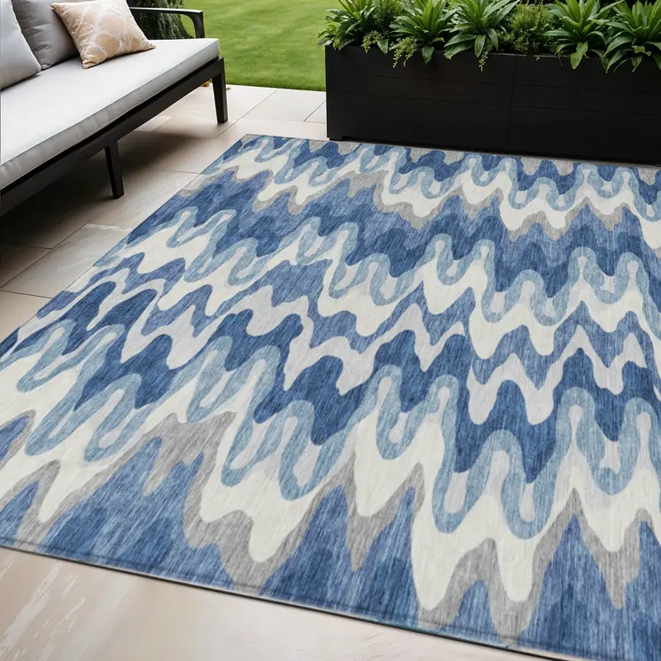 5' X 8' Navy Blue And Sky Blue Abstract Washable Indoor Outdoor Area Rug