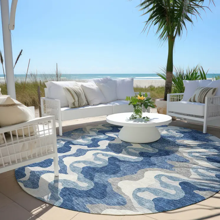 8' Navy Blue And Sky Blue Round Abstract Washable Indoor Outdoor Area Rug