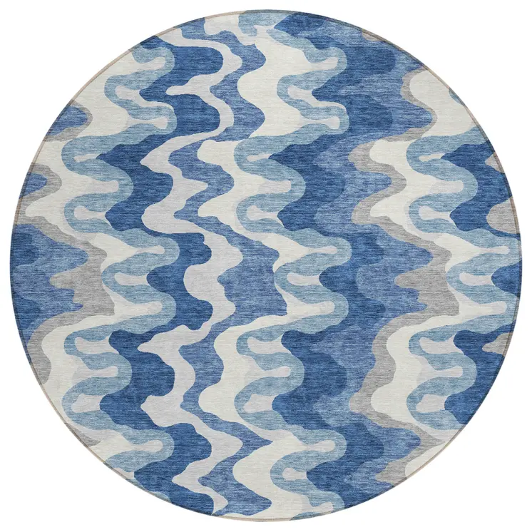 8' Navy Blue And Sky Blue Round Abstract Washable Indoor Outdoor Area Rug