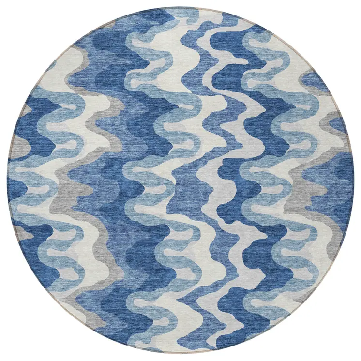 8' Navy Blue And Sky Blue Round Abstract Washable Indoor Outdoor Area Rug