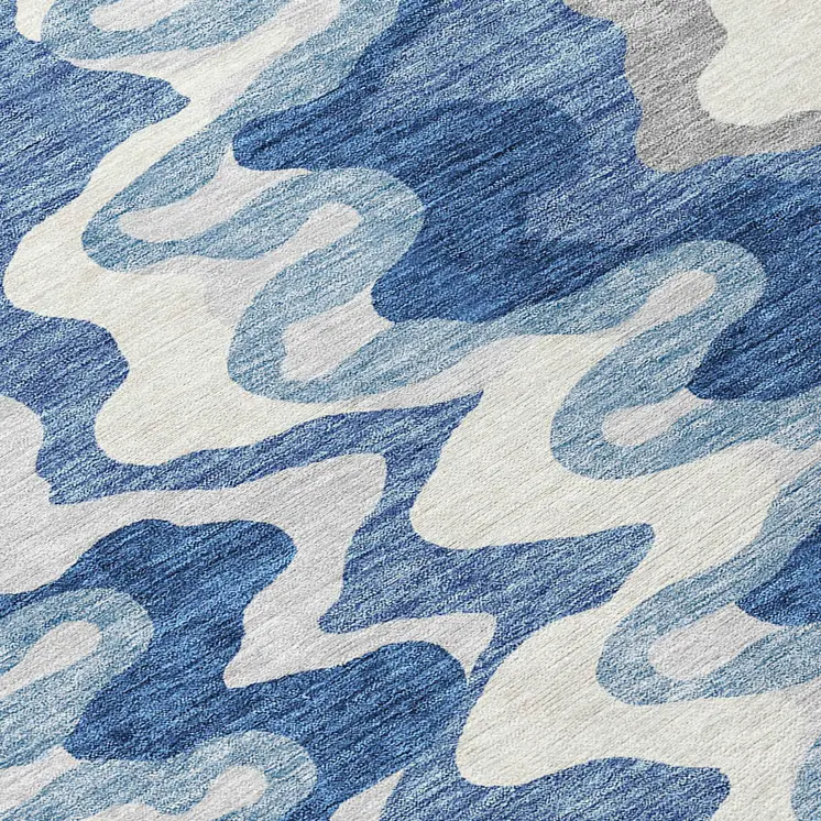 8' Navy Blue And Sky Blue Round Abstract Washable Indoor Outdoor Area Rug