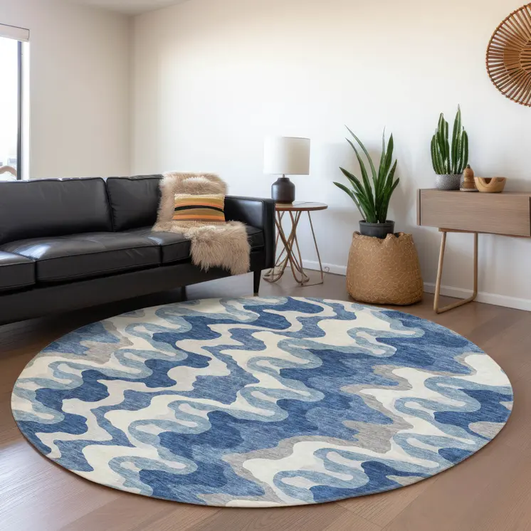 8' Navy Blue And Sky Blue Round Abstract Washable Indoor Outdoor Area Rug