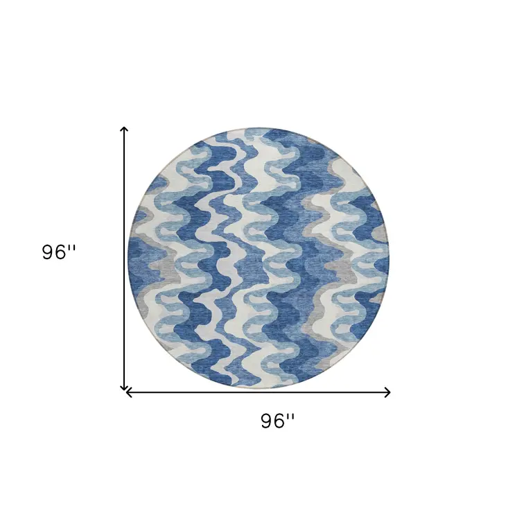 8' Navy Blue And Sky Blue Round Abstract Washable Indoor Outdoor Area Rug
