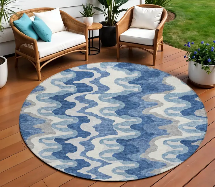 8' Navy Blue And Sky Blue Round Abstract Washable Indoor Outdoor Area Rug