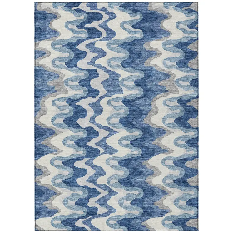 9' X 12' Navy Blue And Sky Blue Abstract Washable Indoor Outdoor Area Rug