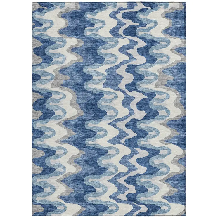 9' X 12' Navy Blue And Sky Blue Abstract Washable Indoor Outdoor Area Rug