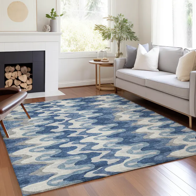 9' X 12' Navy Blue And Sky Blue Abstract Washable Indoor Outdoor Area Rug