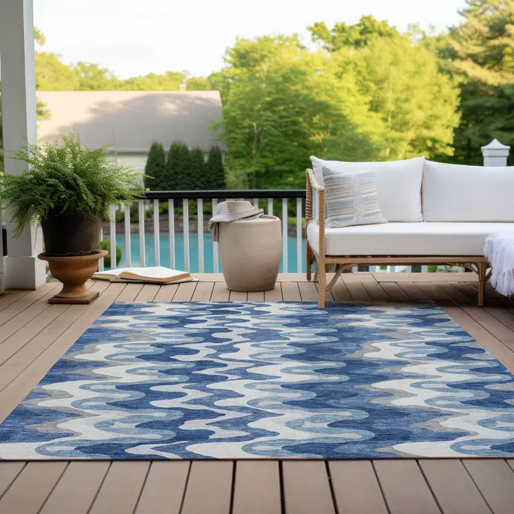 9' X 12' Navy Blue And Sky Blue Abstract Washable Indoor Outdoor Area Rug