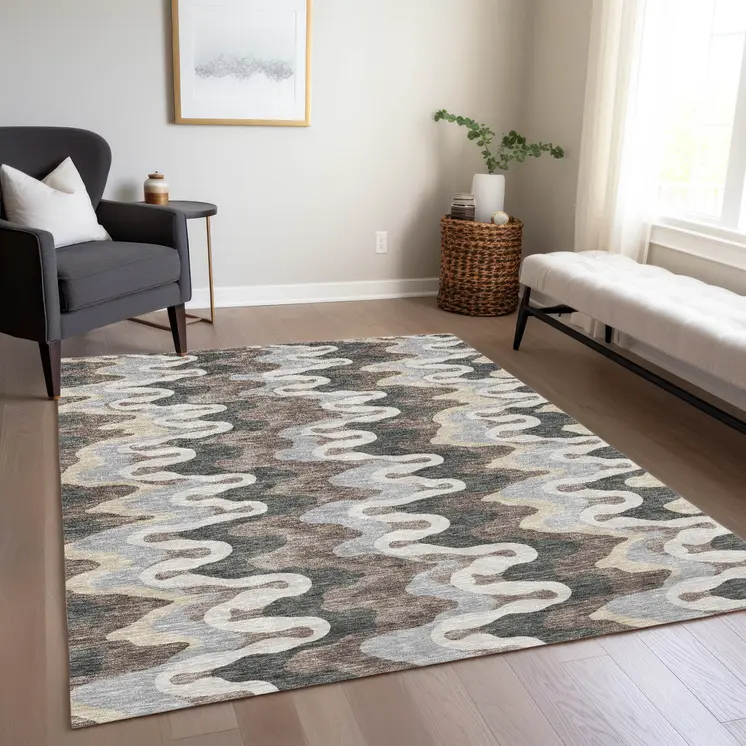 3' X 5' Charcoal Gray And Silver Abstract Washable Indoor Outdoor Area Rug