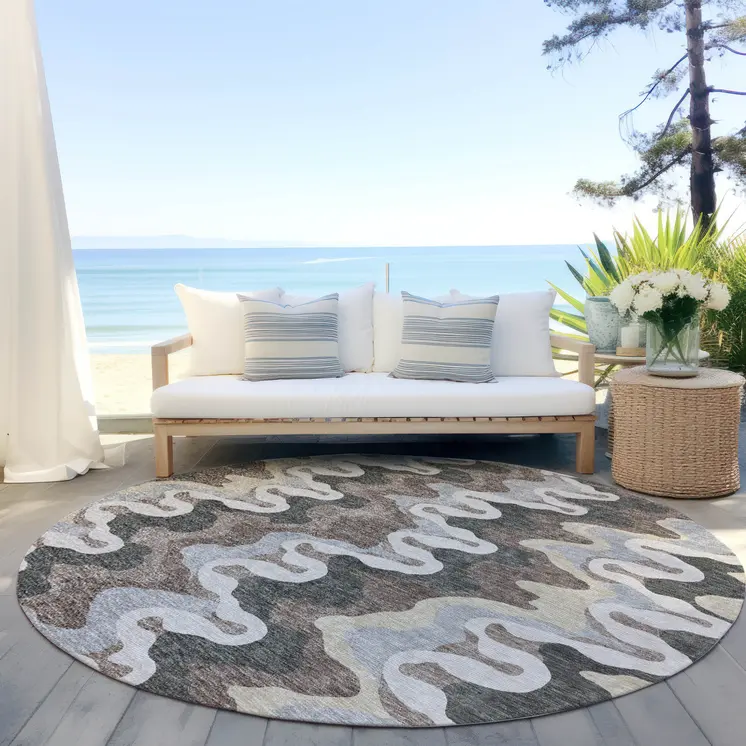 8' Charcoal Gray And Silver Round Abstract Washable Indoor Outdoor Area Rug