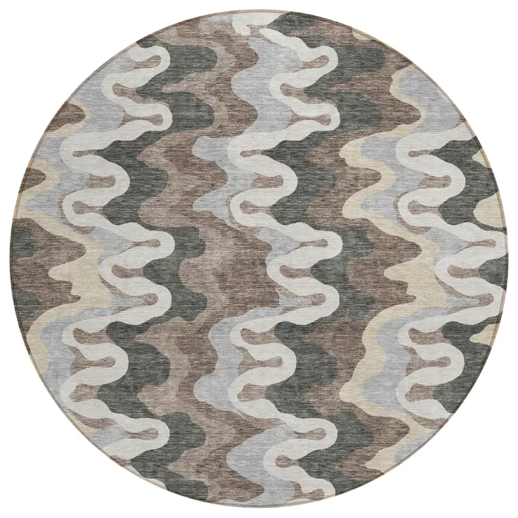 8' Charcoal Gray And Silver Round Abstract Washable Indoor Outdoor Area Rug